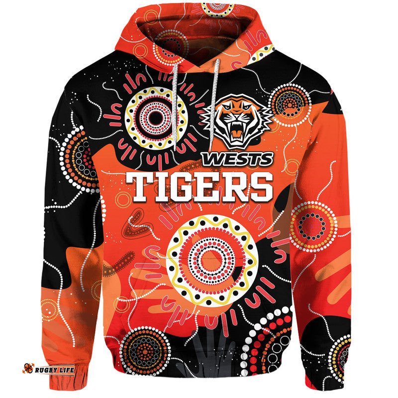 custom text and number wests tigers indigenous aboriginal rugby zip up and pullover hoodie