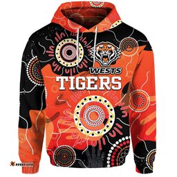 custom text and number wests tigers indigenous aboriginal rugby zip up and pullover hoodie