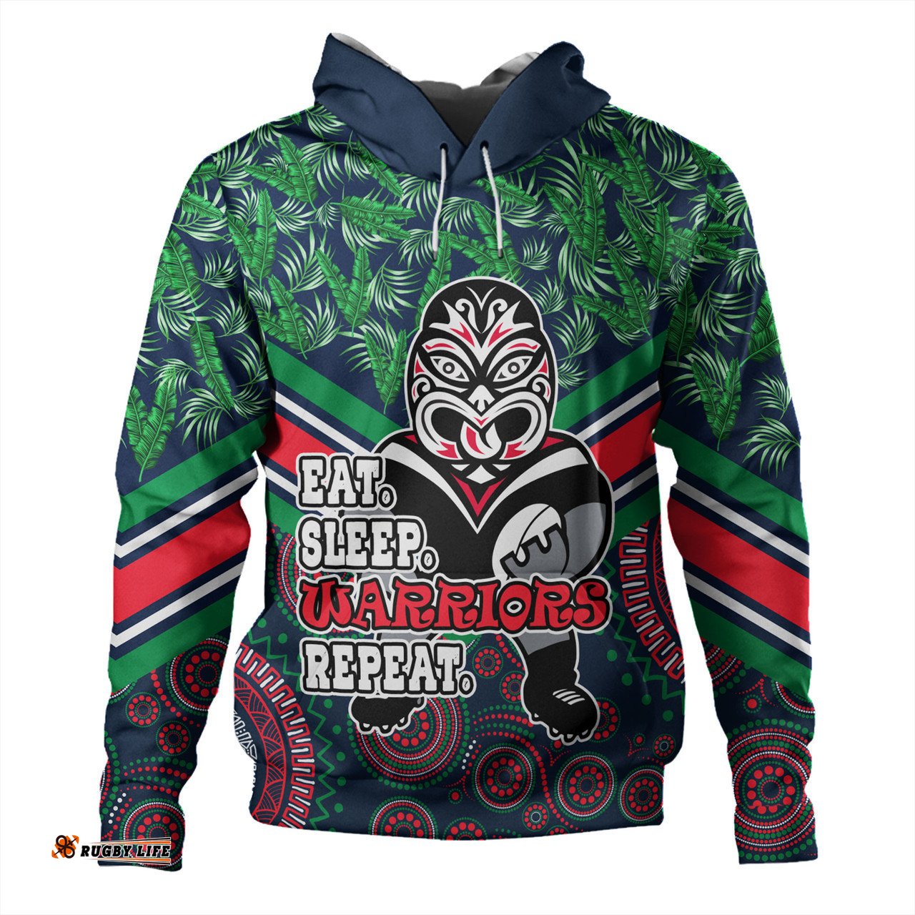 new zealand warriors sport hoodie - tropical patterns and dot painting eat sleep rugby repeat