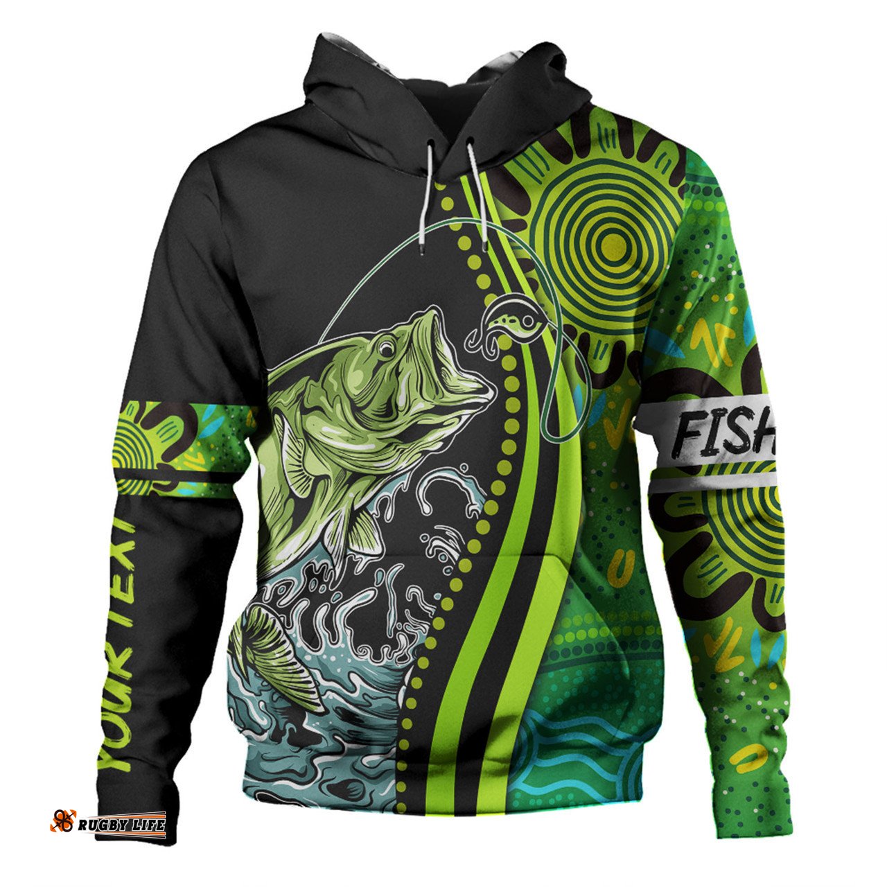 australia fishing aboriginal fishing custom hoodie - rise and shine a bass fish jumps out of water and aboriginal patterns inspired hoodie