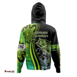 australia fishing aboriginal fishing custom hoodie - rise and shine a bass fish jumps out of water and aboriginal patterns inspired hoodie