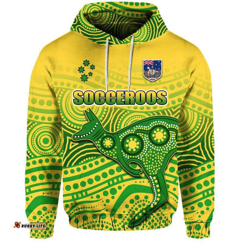 custom personalised australia aboriginal soccer zip up and pullover hoodie kangaroo socceroos art style