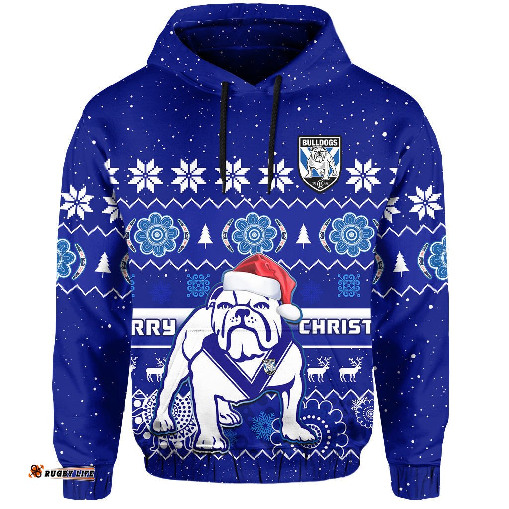 bulldogs rugby christmas hoodie berries merry xmas aboriginal art