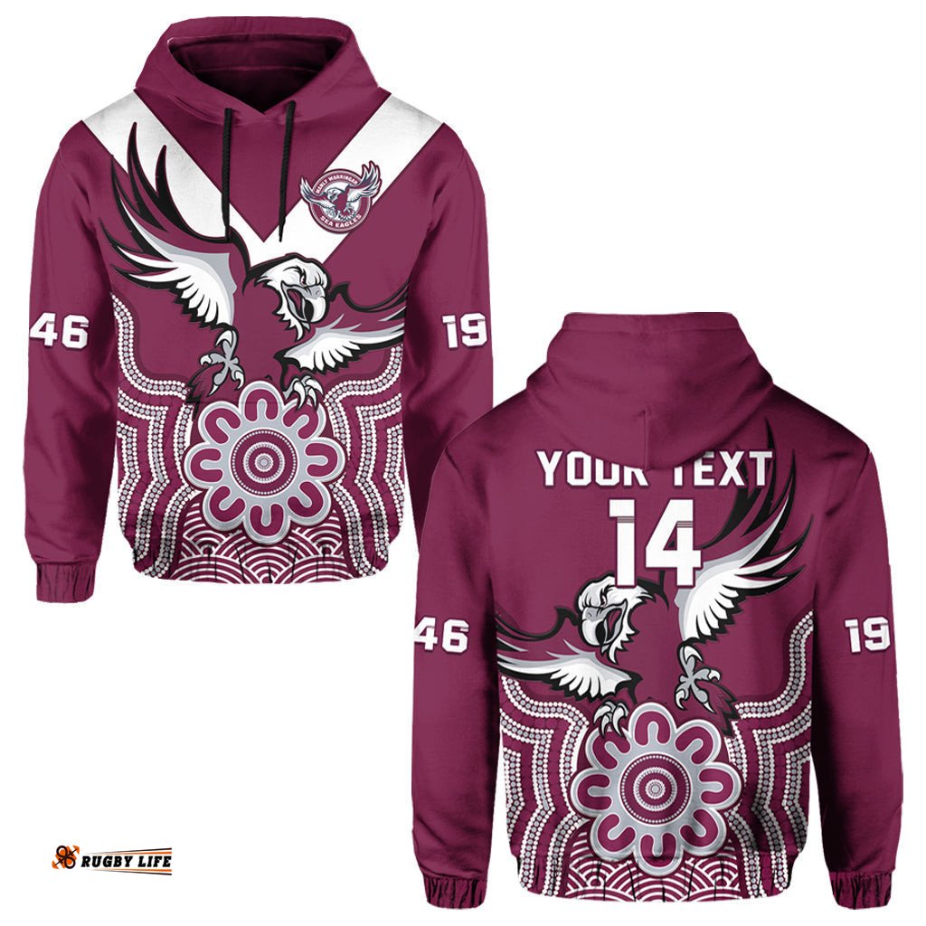 custom text and number sea eagles rugby hoodie manly warringah indigenous art