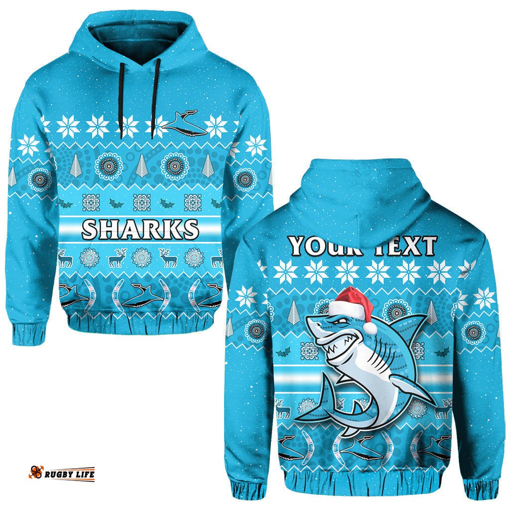 custom personalised sharks christmas hoodie cronulla sutherland aboriginal art merry xmas