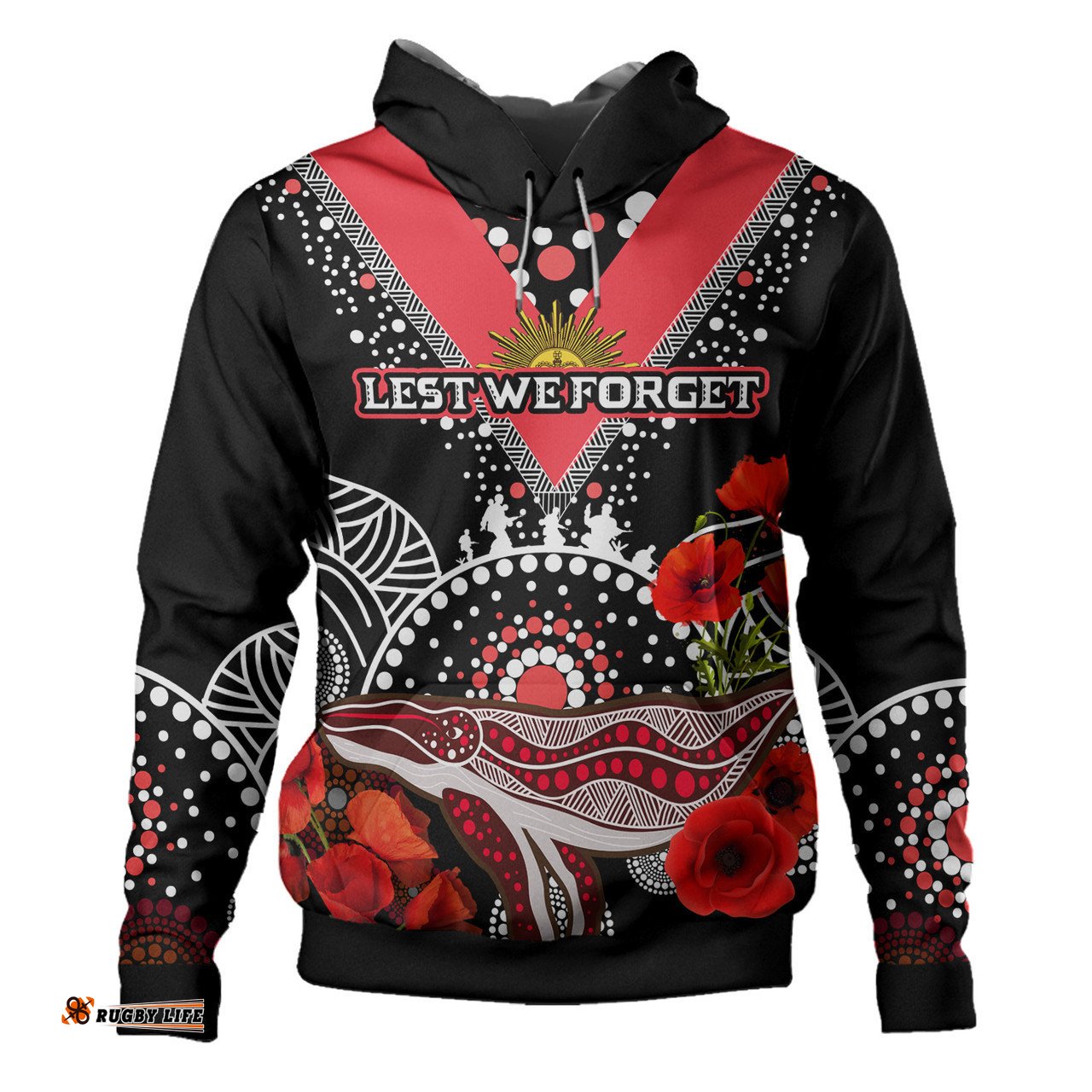 st. george illawarra dragons anzac custom hoodie - aboriginal inspired whale anzac poppies hoodie
