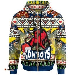 cowboys rugby christmas hoodie custom xmas cowboys christmas balls snowflake with aboriginal patterns hoodie
