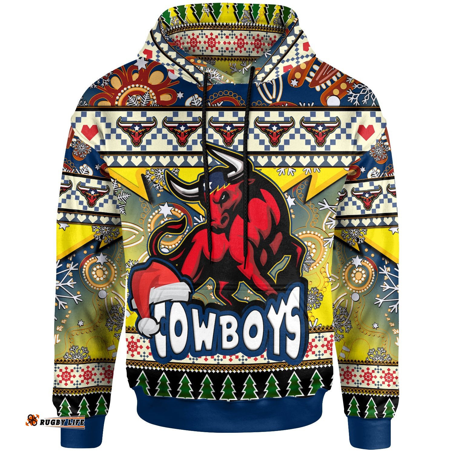 cowboys rugby christmas hoodie custom xmas cowboys christmas balls snowflake with aboriginal patterns hoodie