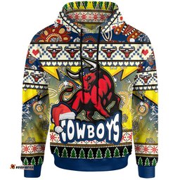 cowboys rugby christmas hoodie custom xmas cowboys christmas balls snowflake with aboriginal patterns hoodie