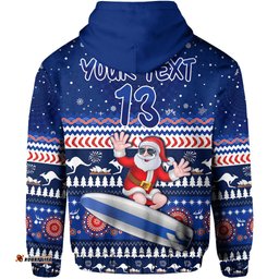 custom text and number australia christmas hoodie aussie aboriginal santa claus is surfing with kangaroo