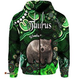 custom personalised australian astrology zip up and pullover hoodie taurus wombat zodiac aboriginal vibes green