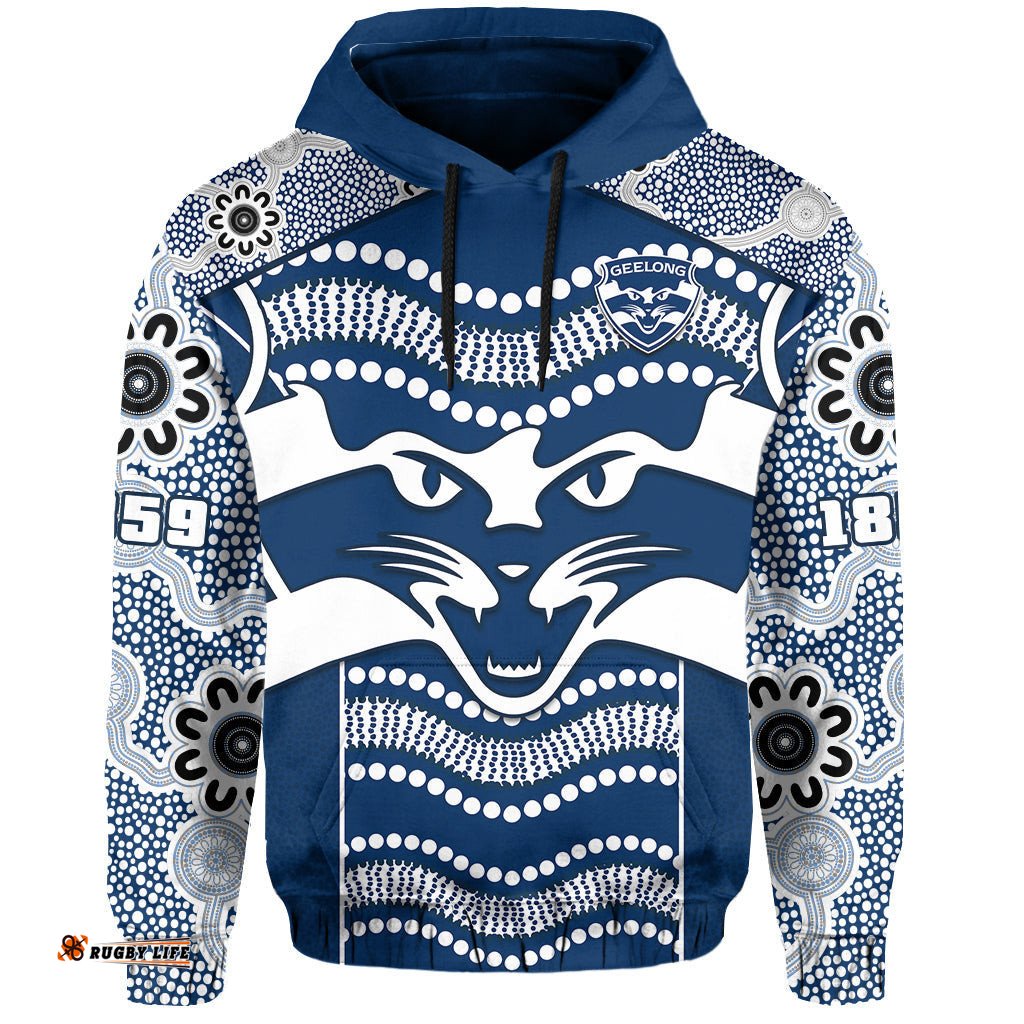 custom text and number cats football hoodie geelong 1859 indigenous sporty version