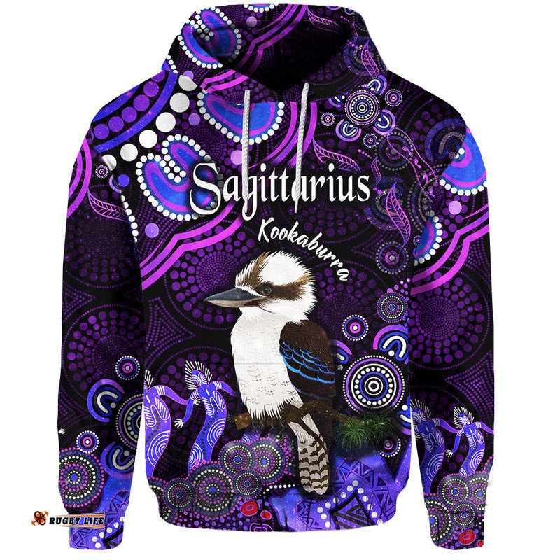 australian astrology zip up and pullover hoodie sagittarius kookaburra zodiac aboriginal vibes purple