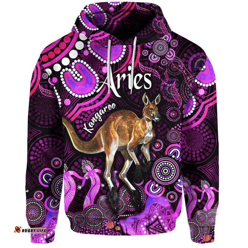 australian astrology zip up and pullover hoodie aries kangaroo zodiac aboriginal vibes pink