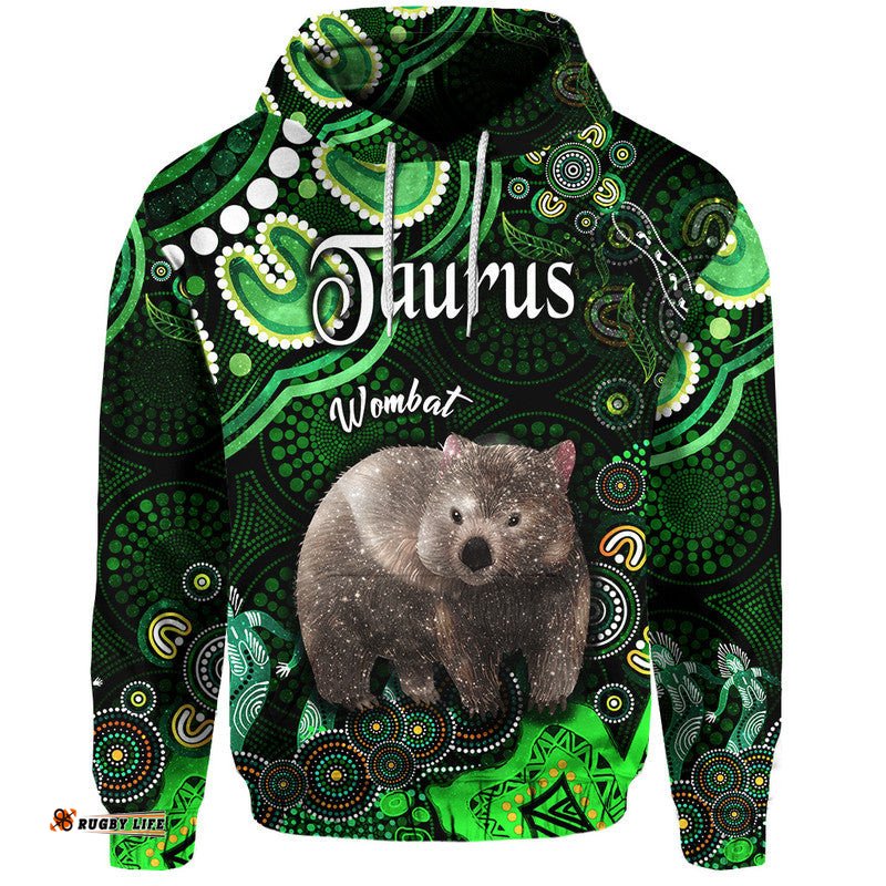 australian astrology zip up and pullover hoodie taurus wombat zodiac aboriginal vibes green