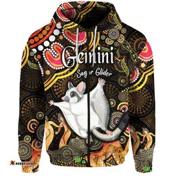 custom personalised australian astrology zip up and pullover hoodie gemini sugar glider zodiac aboriginal vibes gold