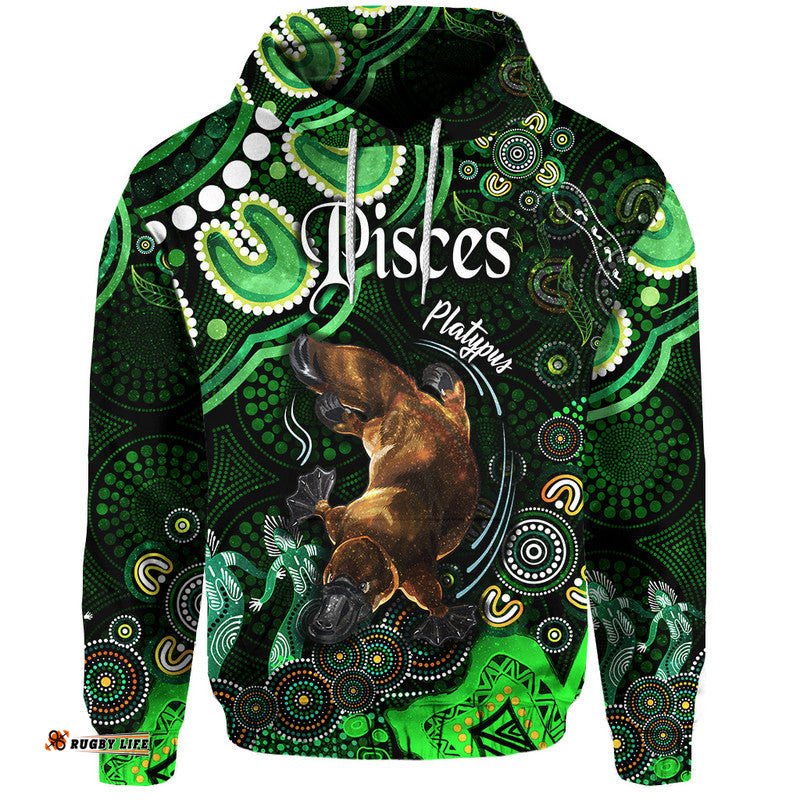 australian astrology zip up and pullover hoodie pisces platypus zodiac aboriginal vibes green