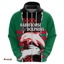 custom text and number nrl combine rabbitohs and dolphins hoodie