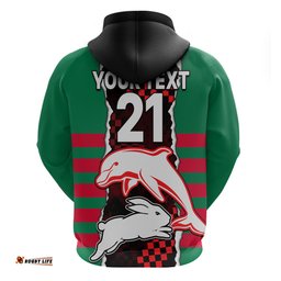 custom text and number nrl combine rabbitohs and dolphins hoodie