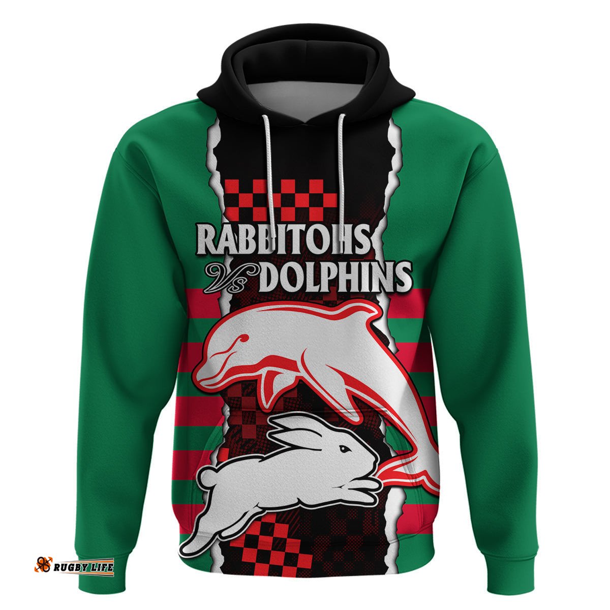 custom text and number nrl combine rabbitohs and dolphins hoodie