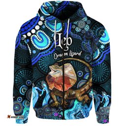 custom personalised australian astrology zip up and pullover hoodie leo dragon lizard zodiac aboriginal vibes blue