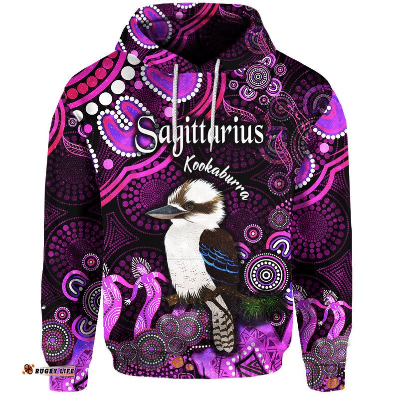 custom personalised australian astrology zip up and pullover hoodie sagittarius kookaburra zodiac aboriginal vibes pink