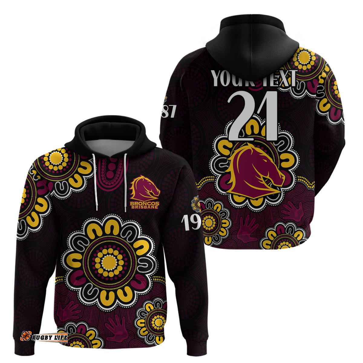 custom personalised nrl brisbane broncos rugby 1987 aboriginal hoodie