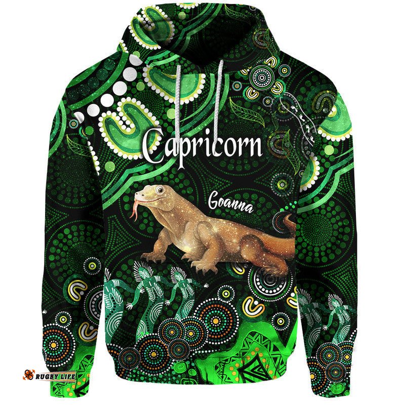 australian astrology zip up and pullover hoodie capricorn goanna zodiac aboriginal vibes green