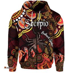 australian astrology zip up and pullover hoodie scorpio redback spider zodiac aboriginal vibes red