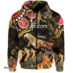 australian astrology zip up and pullover hoodie capricorn goanna zodiac aboriginal vibes gold
