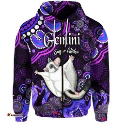 custom personalised australian astrology zip up and pullover hoodie gemini sugar glider zodiac aboriginal vibes purple