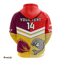 custom text and number dolphins mix broncos rugby hoodie indigenous art