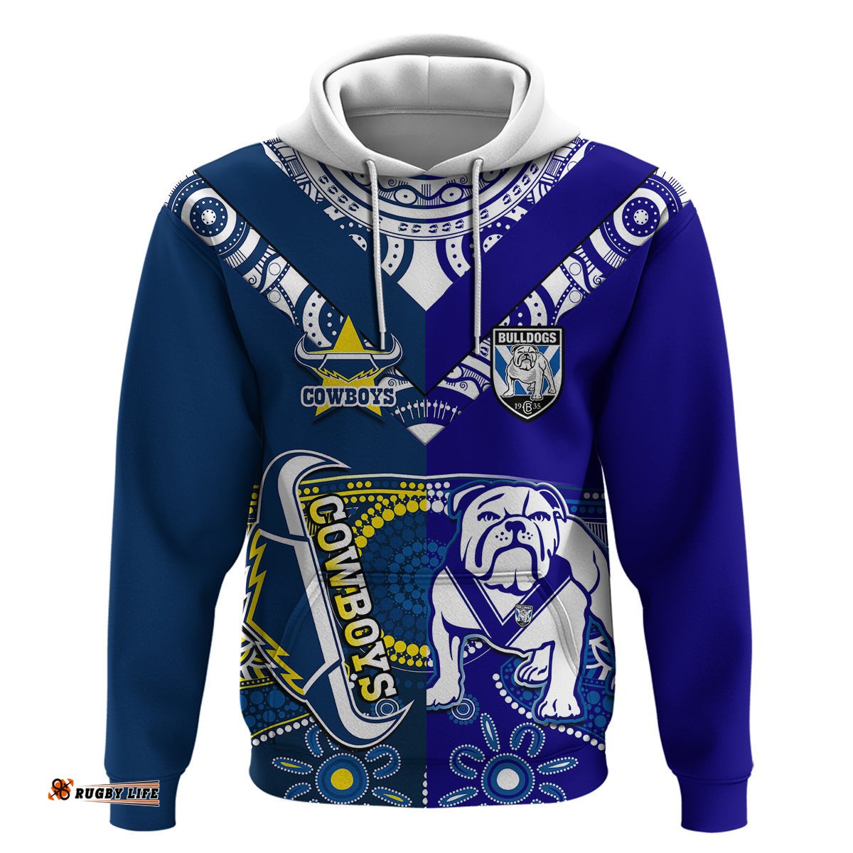 custom text and number bulldogs and cowboys rugby hoodie together indigenous