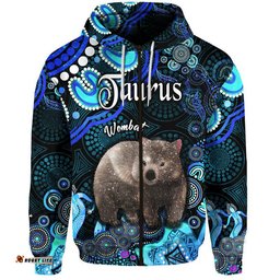 australian astrology zip up and pullover hoodie taurus wombat zodiac aboriginal vibes blue