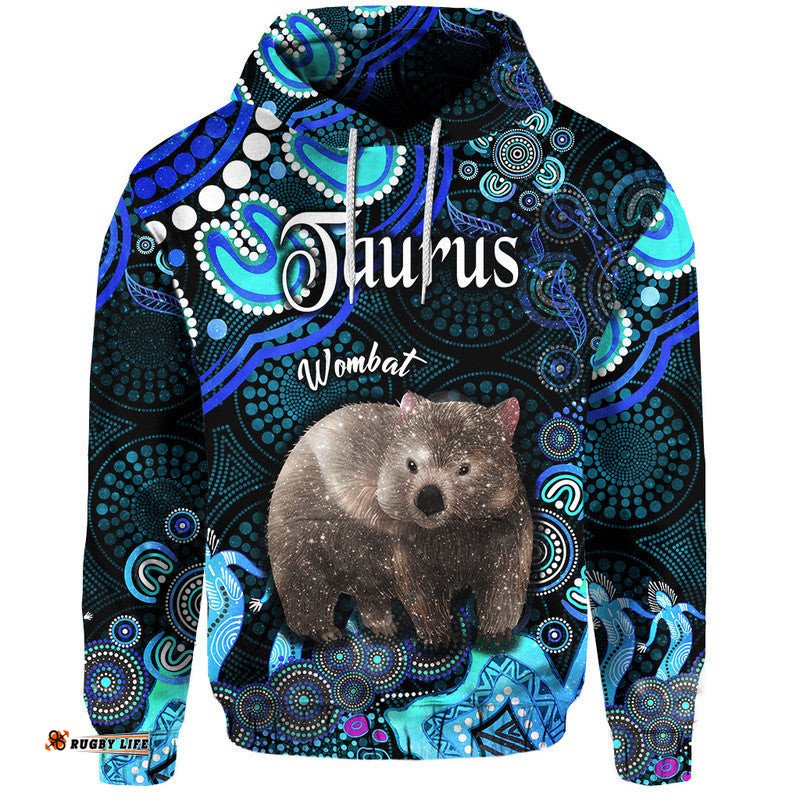 australian astrology zip up and pullover hoodie taurus wombat zodiac aboriginal vibes blue