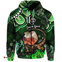 custom personalised australian astrology zip up and pullover hoodie leo dragon lizard zodiac aboriginal vibes green