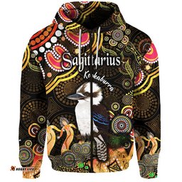 custom personalised australian astrology zip up and pullover hoodie sagittarius kookaburra zodiac aboriginal vibes gold