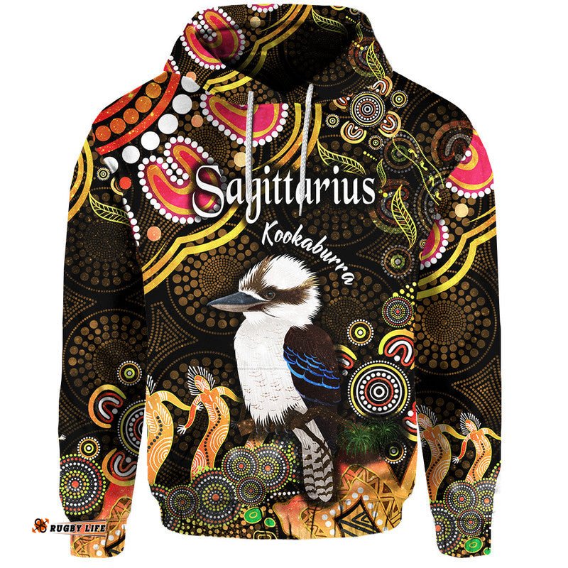 custom personalised australian astrology zip up and pullover hoodie sagittarius kookaburra zodiac aboriginal vibes gold