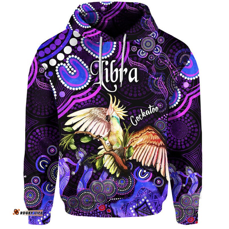 custom personalised australian astrology zip up and pullover hoodie libra cockatoo glider zodiac aboriginal vibes purple