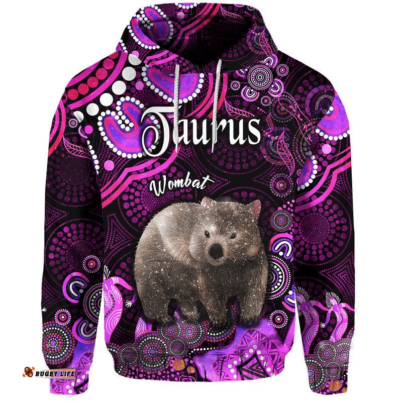 custom personalised australian astrology zip up and pullover hoodie taurus wombat zodiac aboriginal vibes pink