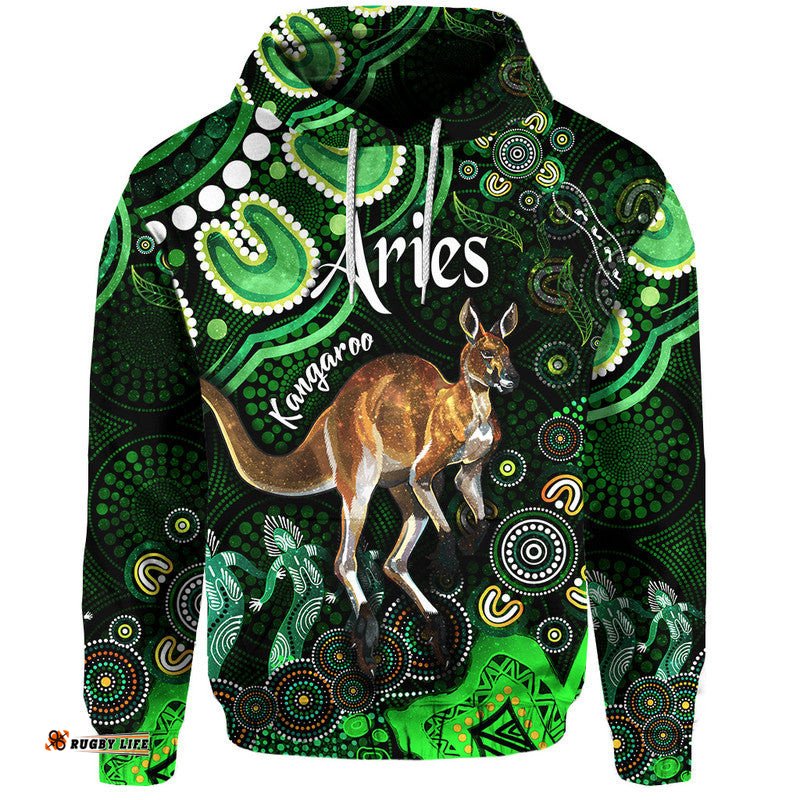 custom personalised australian astrology zip up and pullover hoodie aries kangaroo zodiac aboriginal vibes green