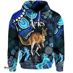 custom personalised australian astrology zip up and pullover hoodie aries kangaroo zodiac aboriginal vibes blue