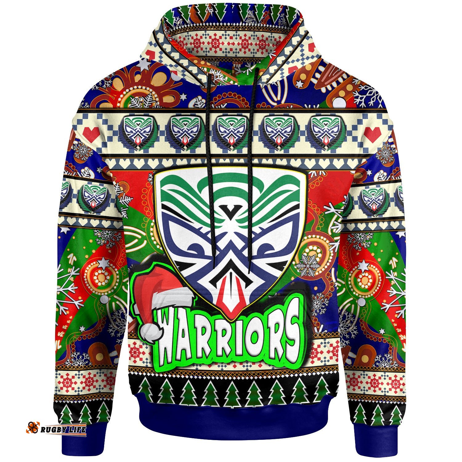 warriors rugby christmas hoodie custom xmas warriors christmas balls snowflake with aboriginal patterns hoodie