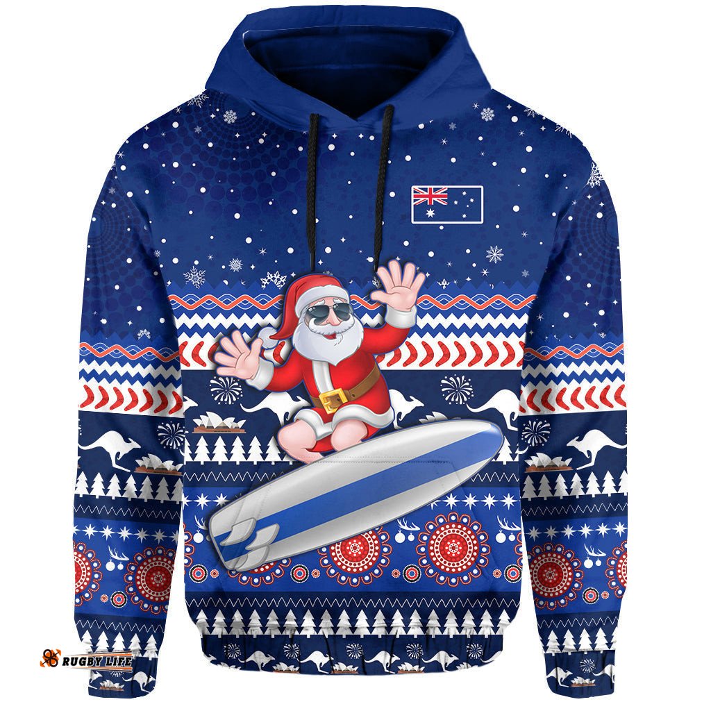 australia christmas hoodie aussie aboriginal santa claus is surfing with kangaroo