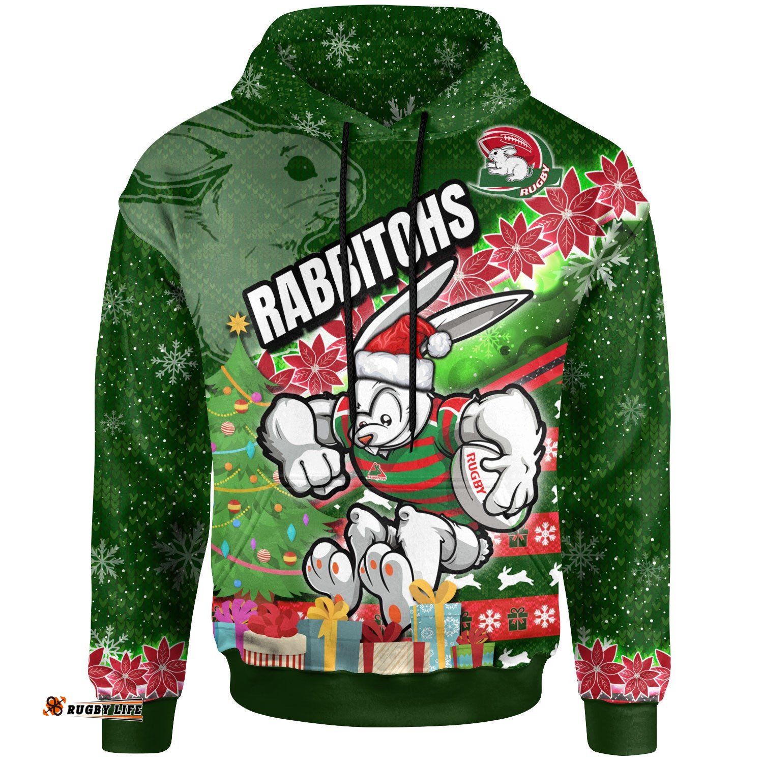 rabbitohs rugby hoodie custom christmas tree rabbit rugby ball hoodie