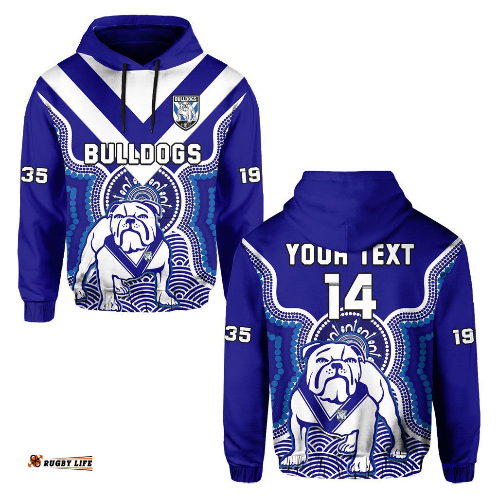 custom text and number bulldogs rugby hoodie canterbury bankstown 1935 indigenous artsy