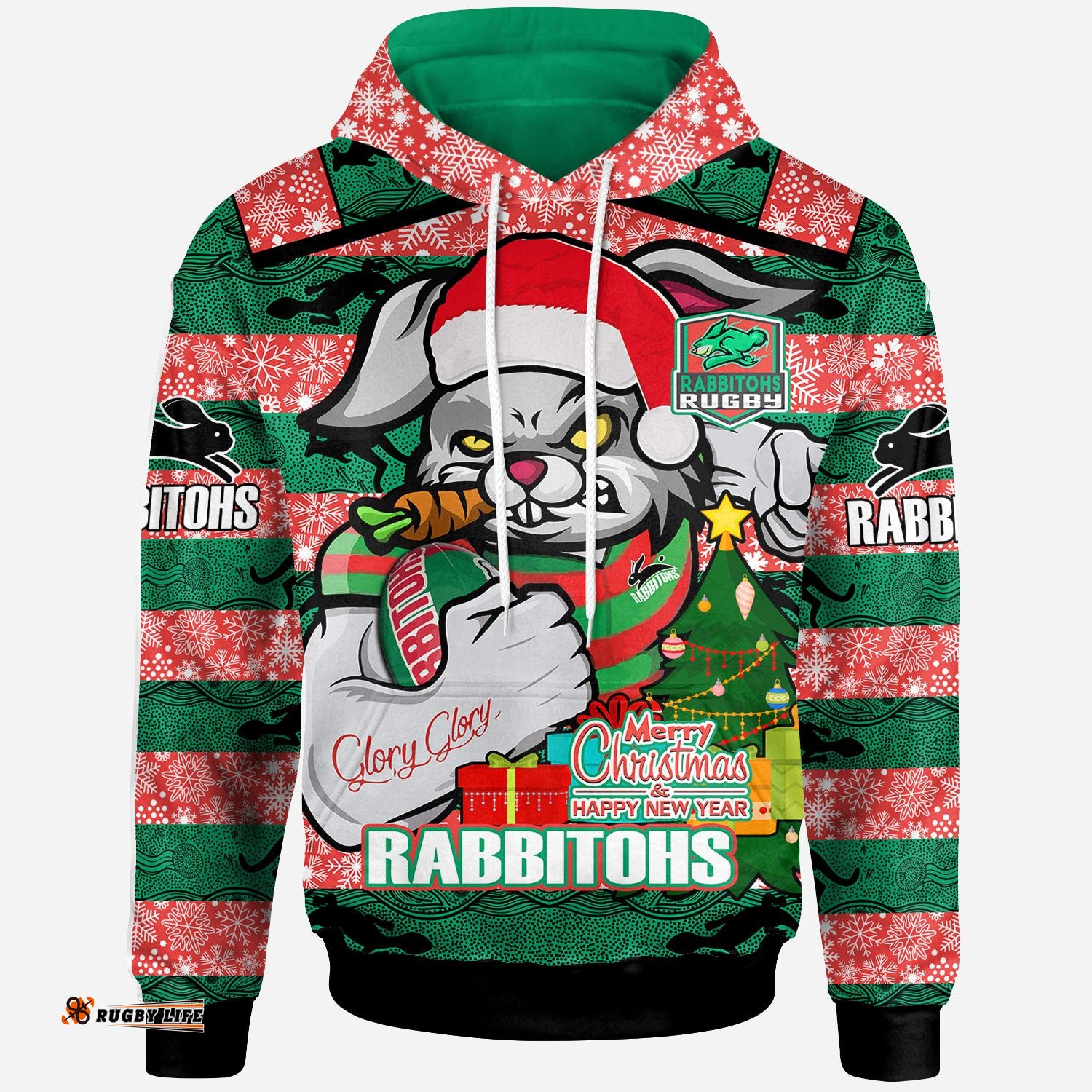 rabbitohs christmas rugby hoodie merry christmas super rabbitohs with rugby ball and aboriginal patterns custom hoodie