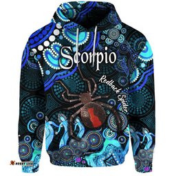 custom personalised australian astrology zip up and pullover hoodie scorpio redback spider zodiac aboriginal vibes blue