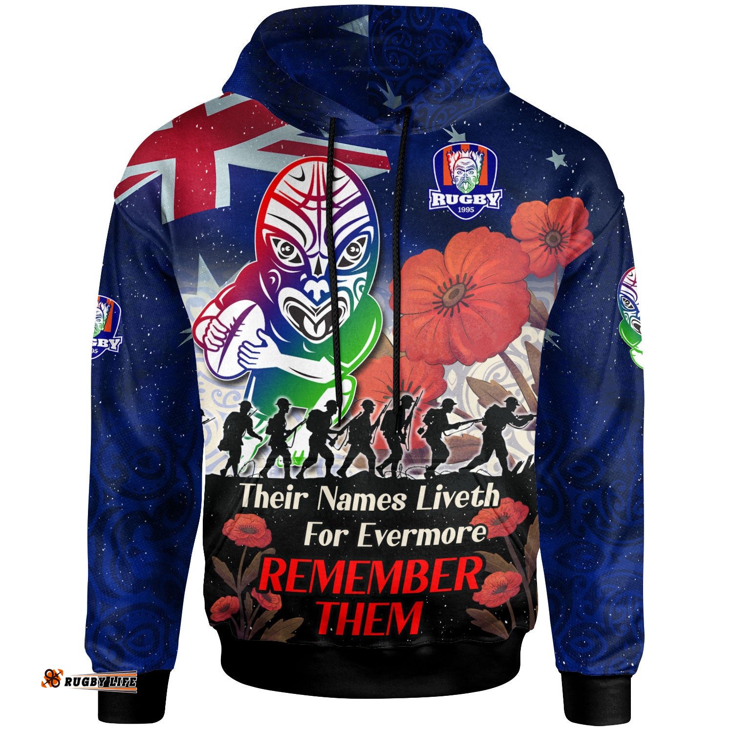 warriors rugby hoodie custom remember them red poppy flowers hoodie