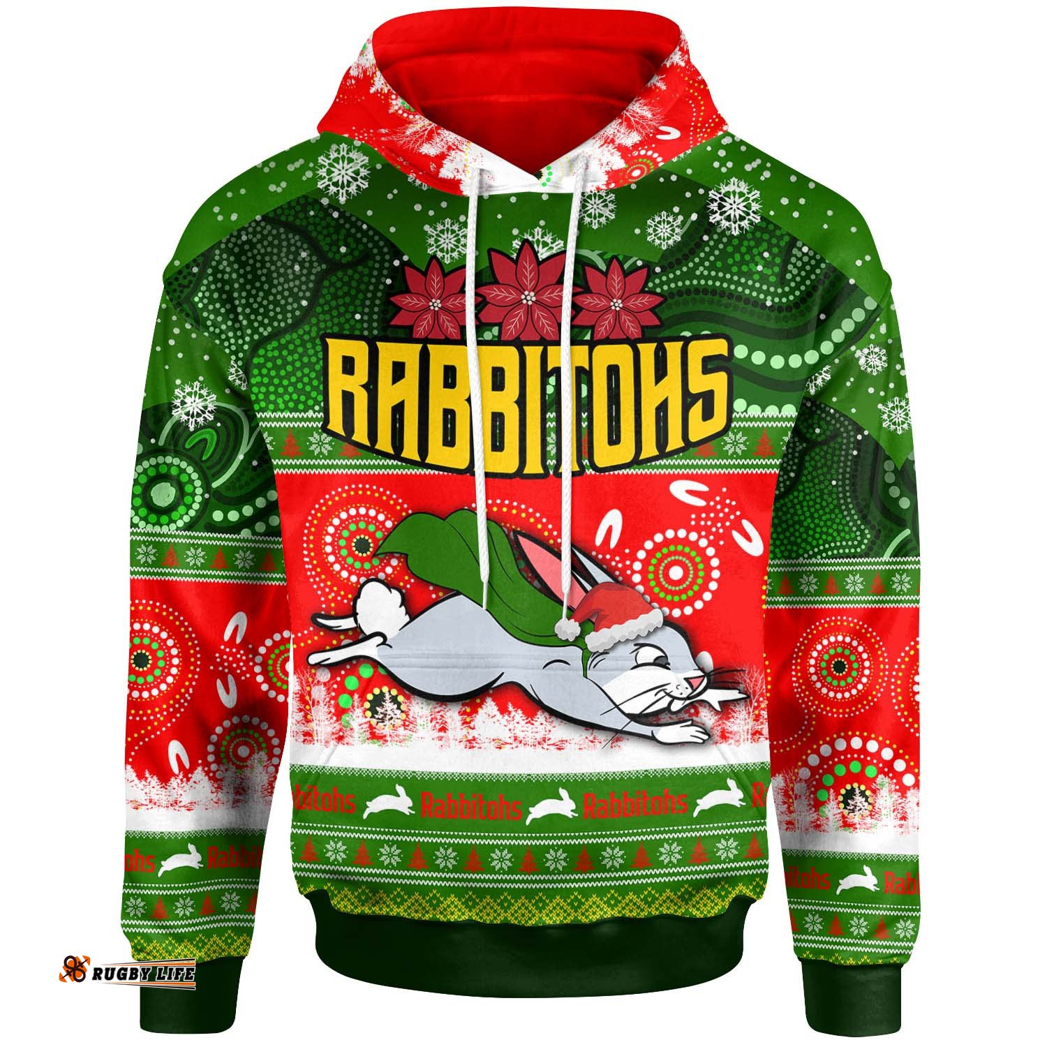 rabbitohs rugby christmas hoodie custom rabbitohs ugly christmas and aboriginal patterns hoodie